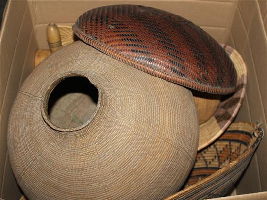 Wicker container, hat & wooden sundries